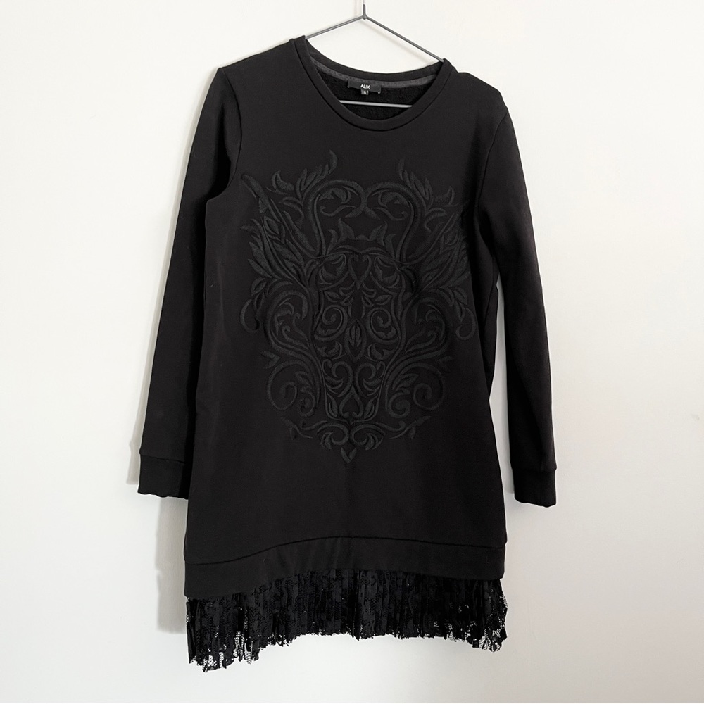 ALIX The Label Long Sleeve Embroidered Drop Hem Lace Trim Sweater Dress